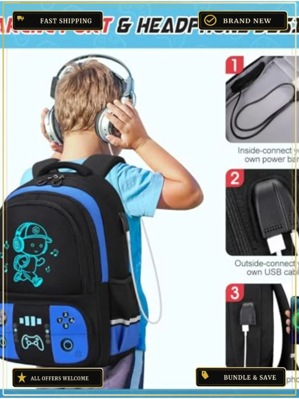 Luminous Gamer Backpack Set with Lunch Box & Pencil Case for Boys